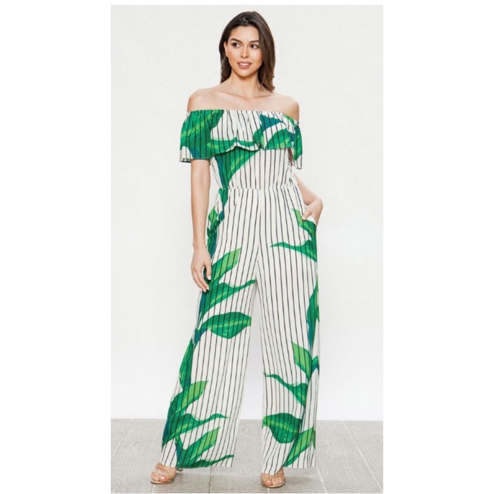 Jealous Tomato‎ Tropical Leaf Stripe Off Shoulder Wide Leg Jumpsuit Size Large